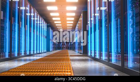 Modern data center with server racks 3d Stock Photo