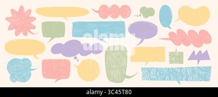 Crayon speech bubble set in pastel blue, pink, yellow and green on light background. Hand drawn talk and speech vector shapes with soft chalk texture Stock Vector
