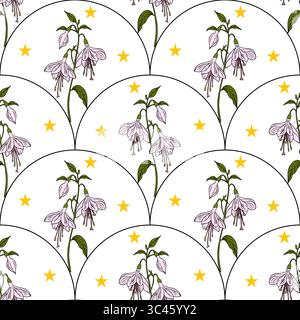 A vector seamless pattern featuring delicate fuchsia flowers with pale pink petals and green leaves, arranged in a reflected arch shape with yellow st Stock Vector
