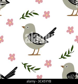 A vector whimsical pattern featuring cartoon-style birds, green leaves, and pink flowers on a white background. The birds are round with black wings a Stock Vector