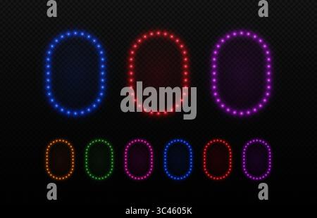 Light neon bulbs rectangle frame. Glow rounded border with lamps. Vector set of portals for games, casino and cinema. Stock Vector