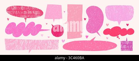 Crayon speech bubble vector set in pink and red on light background with heart doodles. Hand drawn talk and speech elements with playful texture. Use Stock Vector