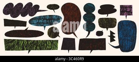 Crayon speech bubble vector set in purple, blue, red and green on light background with grunge textured fill. Hand drawn talk and text elements. Use Stock Vector
