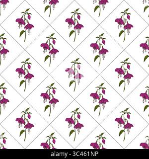 A vector seamless pattern featuring purple flowers with green leaves on a white background, arranged in a diamond grid layout. Stock Vector
