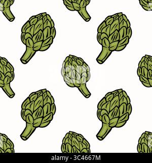 Seamless pattern featuring vector hand-drawn green artichokes on a white background, a  playful and stylish vegetable-themed Stock Vector