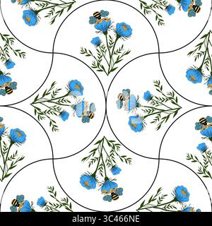 A vector seamless floral pattern featuring blue flowers and bees on a white background. The designin random arch shapes, with intricate details of the Stock Vector