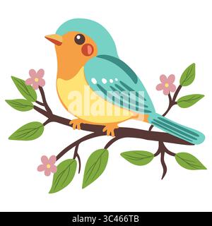 A vector colorful cartoon bird perched on a branch with flowers and leaves. The bird has a turquoise head, orange chest, and is surrounded by pink blo Stock Vector