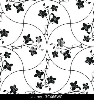 A vector seamless pattern featuring black floral designs on a white background, with random arch shapes interspersed throughout the design. Stock Vector