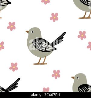 A vector seamless pattern featuring cute cartoon birds and pink flowers on a white background. The birds are gray with black wings and brown legs, whi Stock Vector