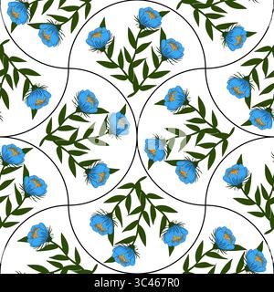 A vector seamless floral pattern featuring blue flowers with orange accents and green leaves on a white background in random arch shapes. The design i Stock Vector