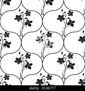 A vector seamless floral pattern featuring black flowers and vines on a white background, arranged  in ogee shapes. Stock Vector