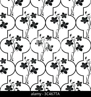 A vector seamless pattern featuring black floral designs on a white background. The pattern consists of stylized flowers and leaves arranged in easter Stock Vector