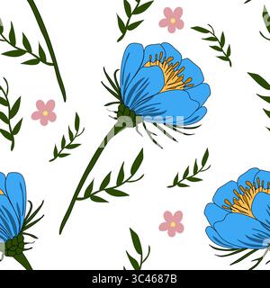A vector seamless floral pattern featuring blue flowers with yellow centers, surrounded by green leaves and small pink flowers on a white background. Stock Vector