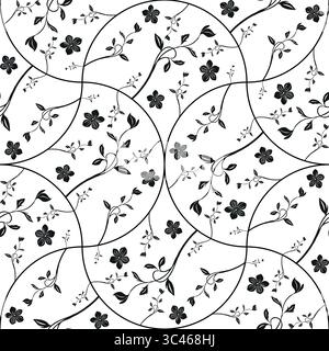 A vector seamless black and white floral pattern featuring intertwining vines and flowers. The design in random arch shapes, with various sizes of flo Stock Vector