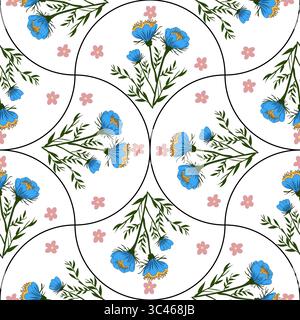 A vector seamless floral pattern featuring blue flowers and pink blossoms arranged in random arch designs on a white background. Stock Vector