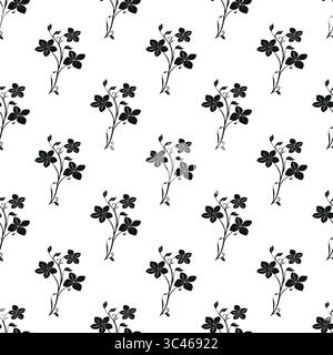 A vector seamless pattern featuring black floral designs on a white background. The pattern includes various flowers and stems, creating a delicate an Stock Vector