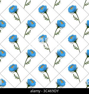 A vector seamless pattern featuring blue flowers with yellow centers on a white background, arranged in a diamond layout. Stock Vector