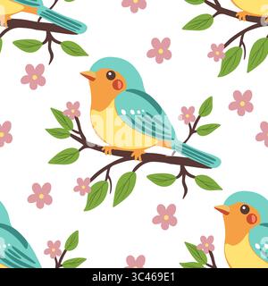 A vector colorful pattern featuring cartoon-style birds perched on branches with green leaves and pink flowers. The birds have blue and yellow feather Stock Vector