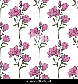 Seamless magnolia floral vector pattern featuring hand-drawn pink flowers with green leaves on a white background Stock Vector