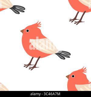 A vector seamless pattern featuring cute, cartoon-style birds in coral color with cream wings, set against a white background Stock Vector
