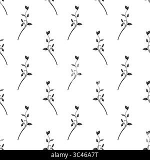 A vector seamless pattern featuring delicate black line drawings of slender stems with small leaves and buds on a white background. Stock Vector