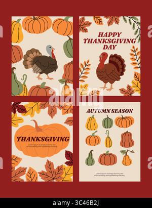 Set of flat autumn and Thanksgiving themed illustrations featuring turkeys, pumpkins, leaves, and seasonal text. Warm earthy colors, perfect for Stock Vector