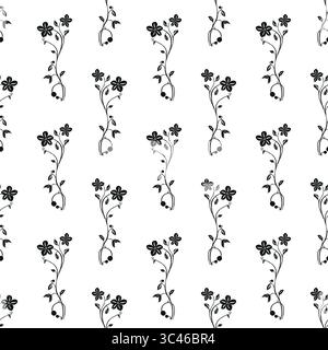 A vector seamless pattern featuring delicate black floral designs on a white background. The pattern includes slender stems with small flowers and lea Stock Vector