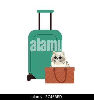 illustration of a Persian cat sitting in a travel bag next to a rolling suitcase. Perfect for pet travel and transportation themes, the idea of Stock Vector