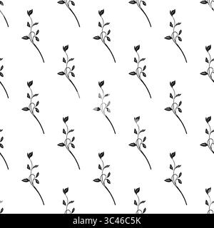 A vector seamless pattern featuring delicate black outlines of slender branches with small leaves on a white background. The design is minimalistic an Stock Vector