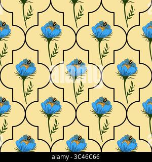A vector seamless pattern featuring blue flowers with bees on a light yellow background. The flowers are stylized and arranged in eastern pattern shap Stock Vector