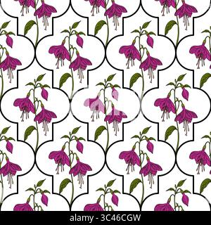 A vector seamless floral pattern featuring purple bell-shaped flowers with green leaves on a white background. The design is framed by black outlines Stock Vector