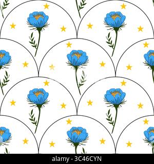 A vector seamless pattern featuring blue flowers with yellow stars on a white background in a reflected arch shape. Stock Vector