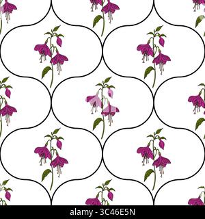 A vector seamless pattern featuring fuchsia flowers with pink petals and green leaves on a white background, outlined in ogee shapes.. Stock Vector