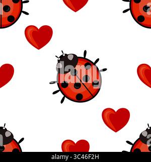 A playful vector pattern featuring cartoon ladybugs and red hearts on a white background. The ladybugs are bright red with black spots and a black hea Stock Vector
