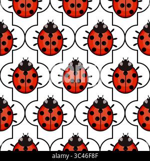 A seamless vector pattern featuring red ladybugs with black spots on a white background. The ladybugs are arranged in a grid-like formation, creating Stock Vector