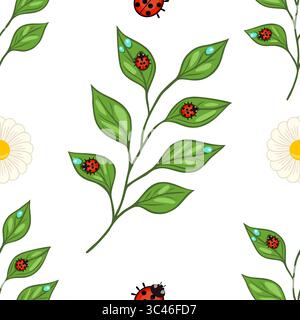 A seamless vector pattern featuring green leaves, ladybugs, and daisies, water droplets on a white background. The design is playful and vibrant, idea Stock Vector