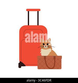 illustration of a fluffy orange cat sitting in a travel bag next to a red suitcase. Ideal for pet travel and transportation themes, emphasizing safe Stock Vector