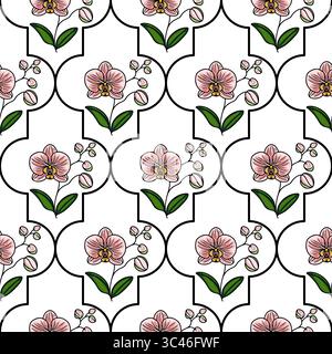 A seamless vector pattern featuring pink orchids with green leaves and buds on a white background, outlined in black. The design is symmetrical and el Stock Vector