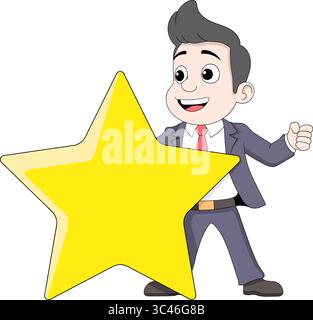 Vector cartoon illustration of a happy businessman holding a large yellow star Stock Vector