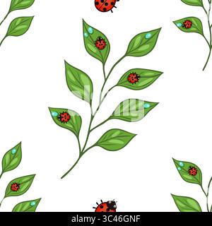 A seamless vector pattern featuring green leaves with water droplets and red ladybugs on a white background. The design includes droplets of water on Stock Vector