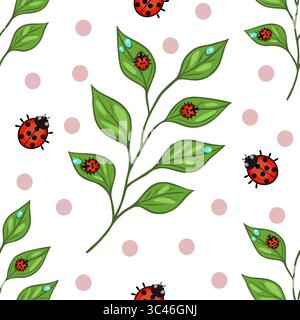 A seamless vector pattern featuring red ladybugs on green leaves against a white background with pink polka dots. The design is playful and vibrant, s Stock Vector