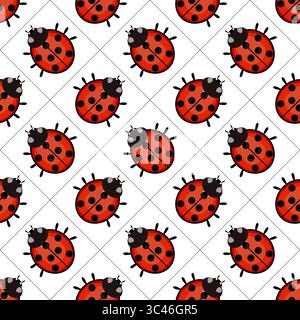 A seamless vector pattern featuring cute ladybugs with red bodies and black spots on a white background, arranged in a diagonal grid. Stock Vector