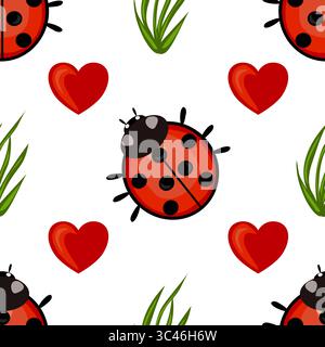 A whimsical vector pattern featuring cartoon ladybugs and red hearts on a white background, complemented by green grass elements. Stock Vector