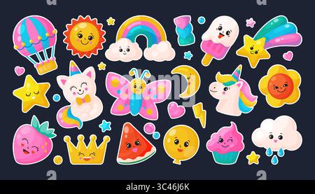 Kawaii stickers. Cute unicorn rainbow. Magic cupcake and princess crown. Pastel birthday. Girls kitten label. Sun and cloud rain. Cartoon character happy face. Sweet baby elements. Vector icons set Stock Vector