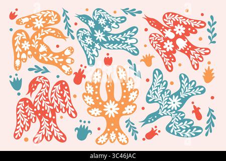 Ethnic birds. Fly dove pattern. Ukraine peace animal print or retro flower swallow. Floral ornament. Trendy folklore plant chicken. Silhouette decoration. Scandinavian birdie. Vector folk pigeons set Stock Vector