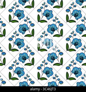 A seamless vector pattern featuring blue flowers with green leaves on a white background. The design includes various sizes of flowers and buds, creat Stock Vector