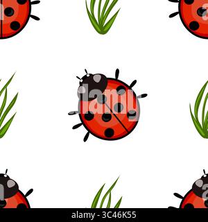 A seamless vector pattern featuring cartoon-style ladybugs and green grass blades on a white background. The ladybugs are bright red with black spots Stock Vector