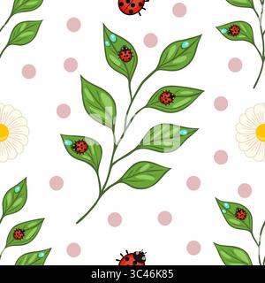 A seamless vector pattern featuring green leaves, red ladybugs, and white daisies on a light background with pink polka dots. Stock Vector