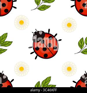 A seamless vector pattern featuring ladybugs, daisies, and green leaves on a white background. The ladybugs are bright red with black spots, while the Stock Vector