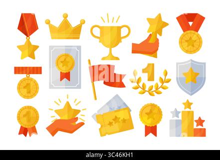 Medal icons. Win prize, crown badge as success award trophy. Star, red ribbon sport stickers. Championship winner celebration, victory ceremony isolated objects. Vector design elements collection Stock Vector